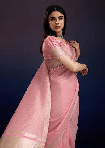 Indo Silk Blush Pink Sarees Crafted With A Blend Of Linen And Cotton Offer A Unique Combination Of Texture And Elegance