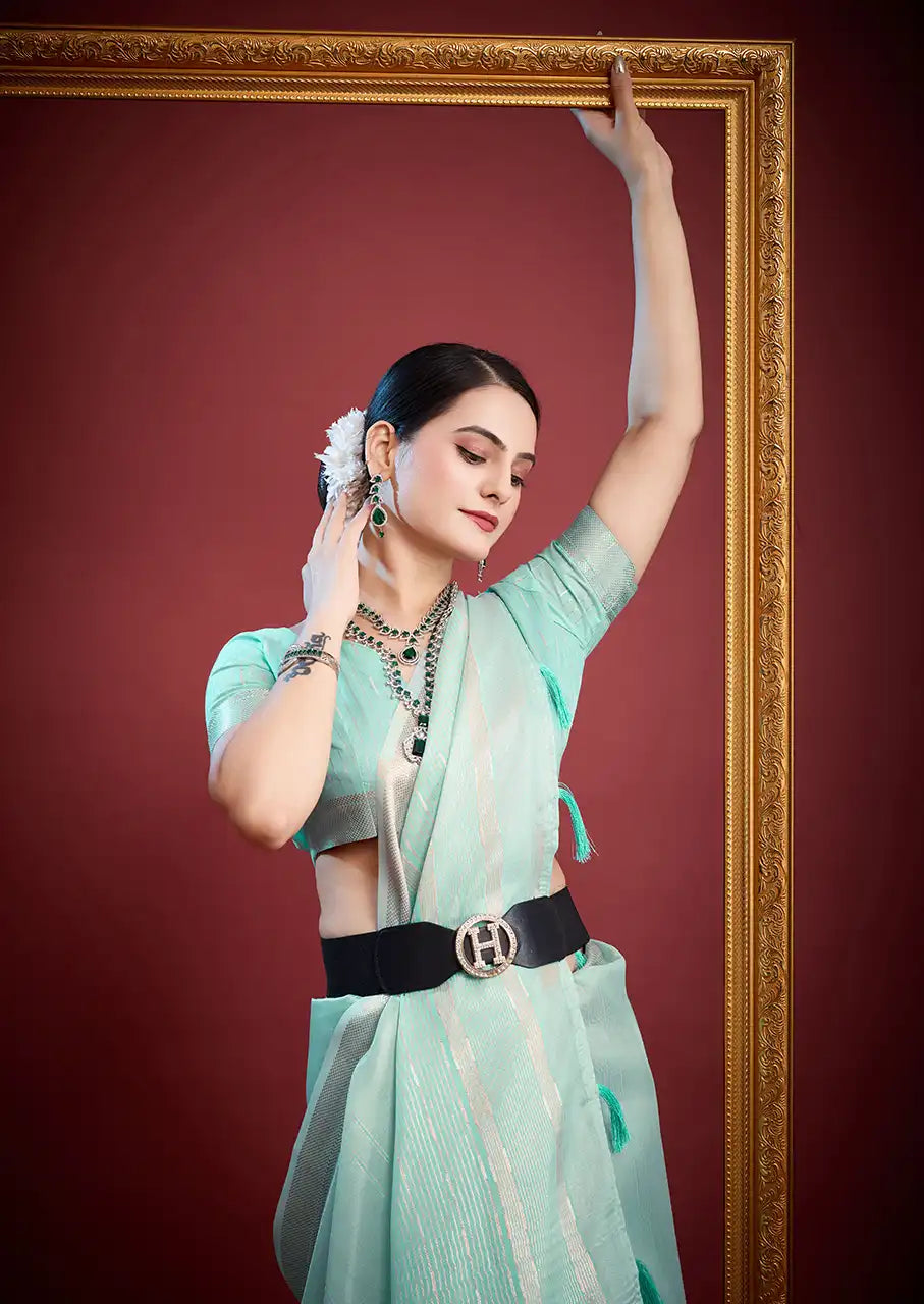 Indo Silk Blue Sarees Crafted With A Blend Of Linen And Silk Offer A Unique Combination Of Texture And Elegance
