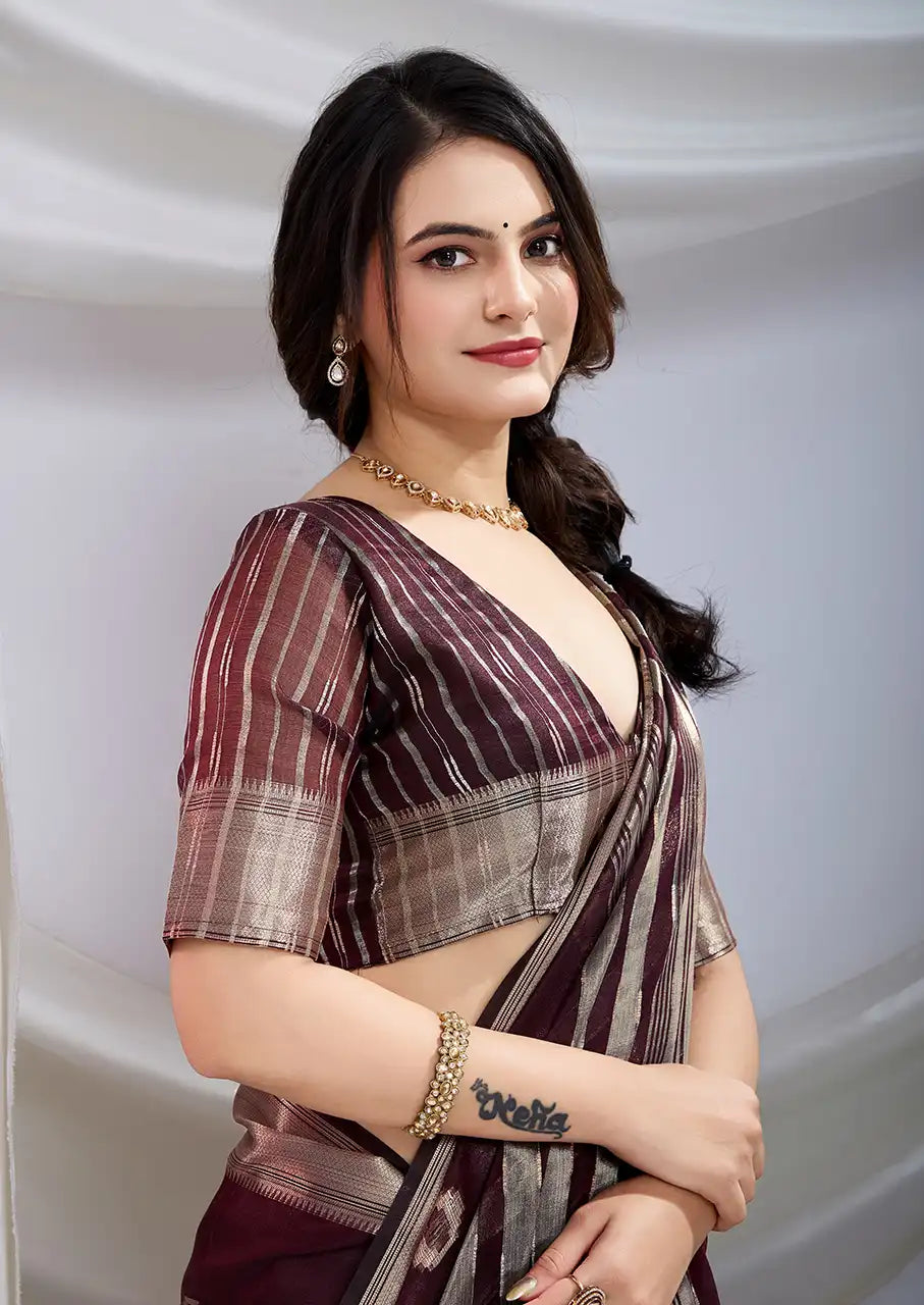 Indo Silk Deep Maroon Sarees Crafted With A Blend Of Linen And Cotton Offer A Unique Combination Of Texture And Elegance