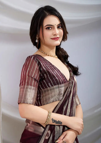 Indo Silk Deep Maroon Sarees Crafted With A Blend Of Linen And Cotton Offer A Unique Combination Of Texture And Elegance