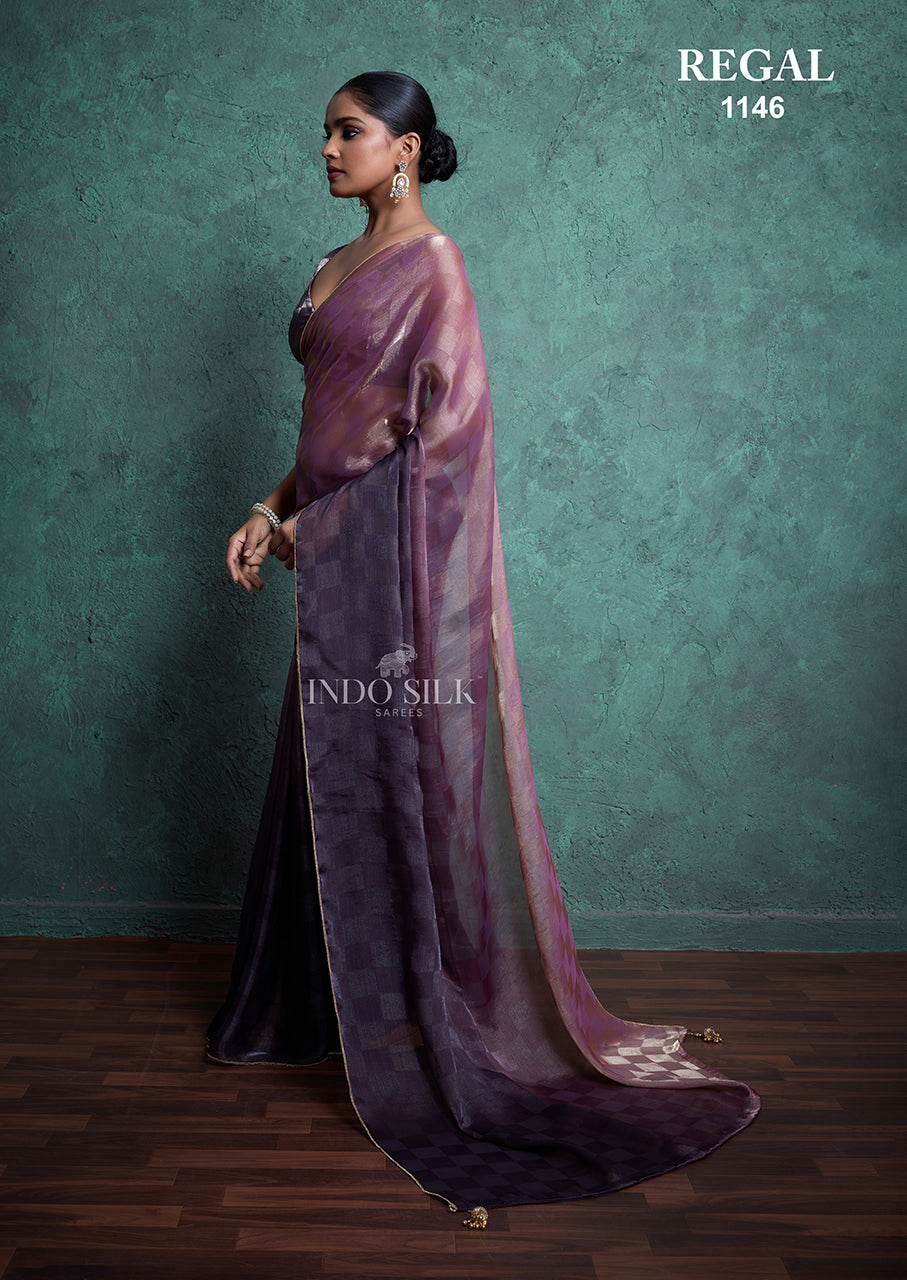 Regal 1146 Lavender Purple Fendy Satin Chex Saree – Elegant Designer Indo Silk Saree for Women
