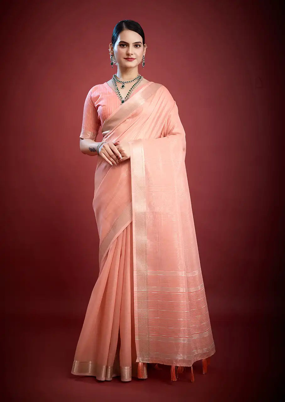 Indo Silk Peach Pink Sarees Crafted With A Blend Of Linen And Silk Offer A Unique Combination Of Texture And Elegance