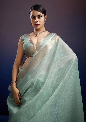 Indo Silk Mint Blue Sarees Crafted With A Blend Of Linen And Silk Offer A Unique Combination Of Texture And Elegance