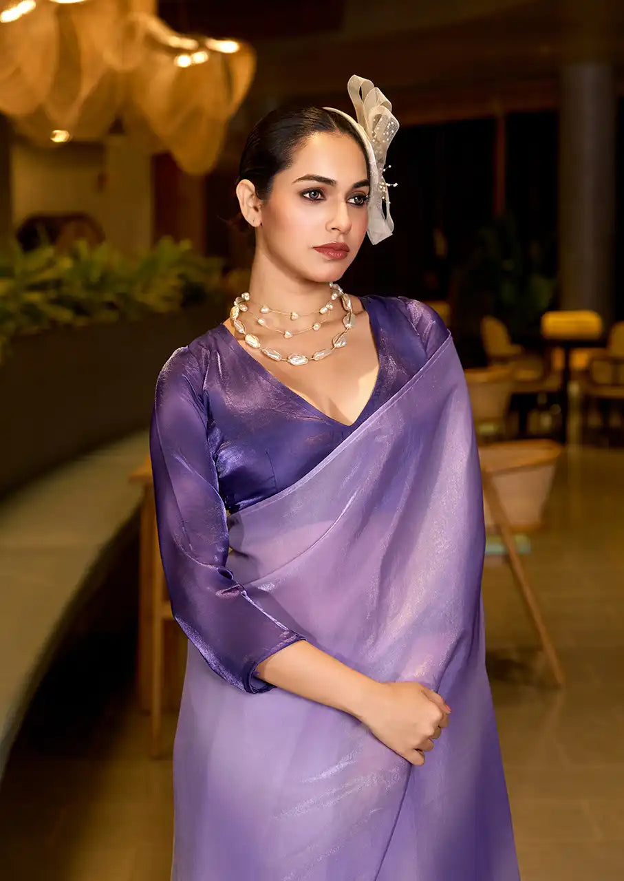 Indo Silk Lavender Sarees Crafted With Fendy Satin Blend Traditional Elegance And Modern Luxury