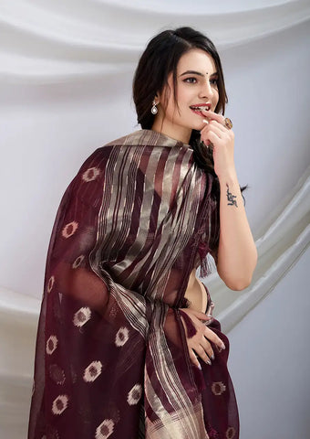 Indo Silk Deep Maroon Sarees Crafted With A Blend Of Linen And Cotton Offer A Unique Combination Of Texture And Elegance