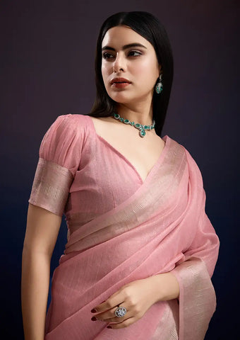 Indo Silk Blush Pink Sarees Crafted With A Blend Of Linen And Cotton Offer A Unique Combination Of Texture And Elegance