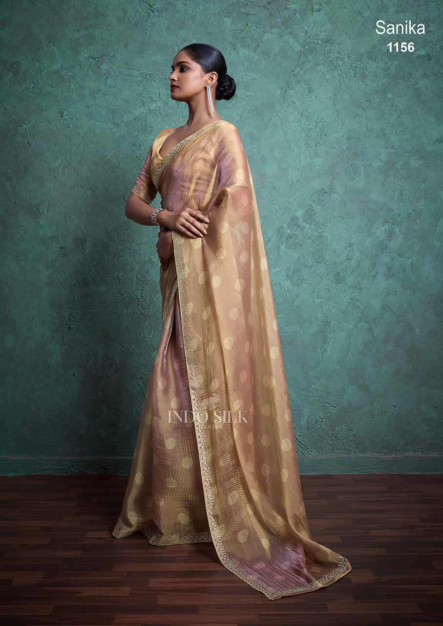 Sanika Premium Golden Silk Saree with Polka Design & Zarkan Border