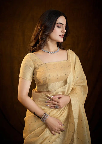 Indo Silk Golden Beige Sarees Crafted With A Blend Of Linen And Silk Offer A Unique Combination Of Texture And Elegance