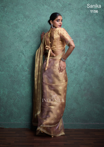 Sanika Premium Golden Silk Saree with Polka Design & Zarkan Border
