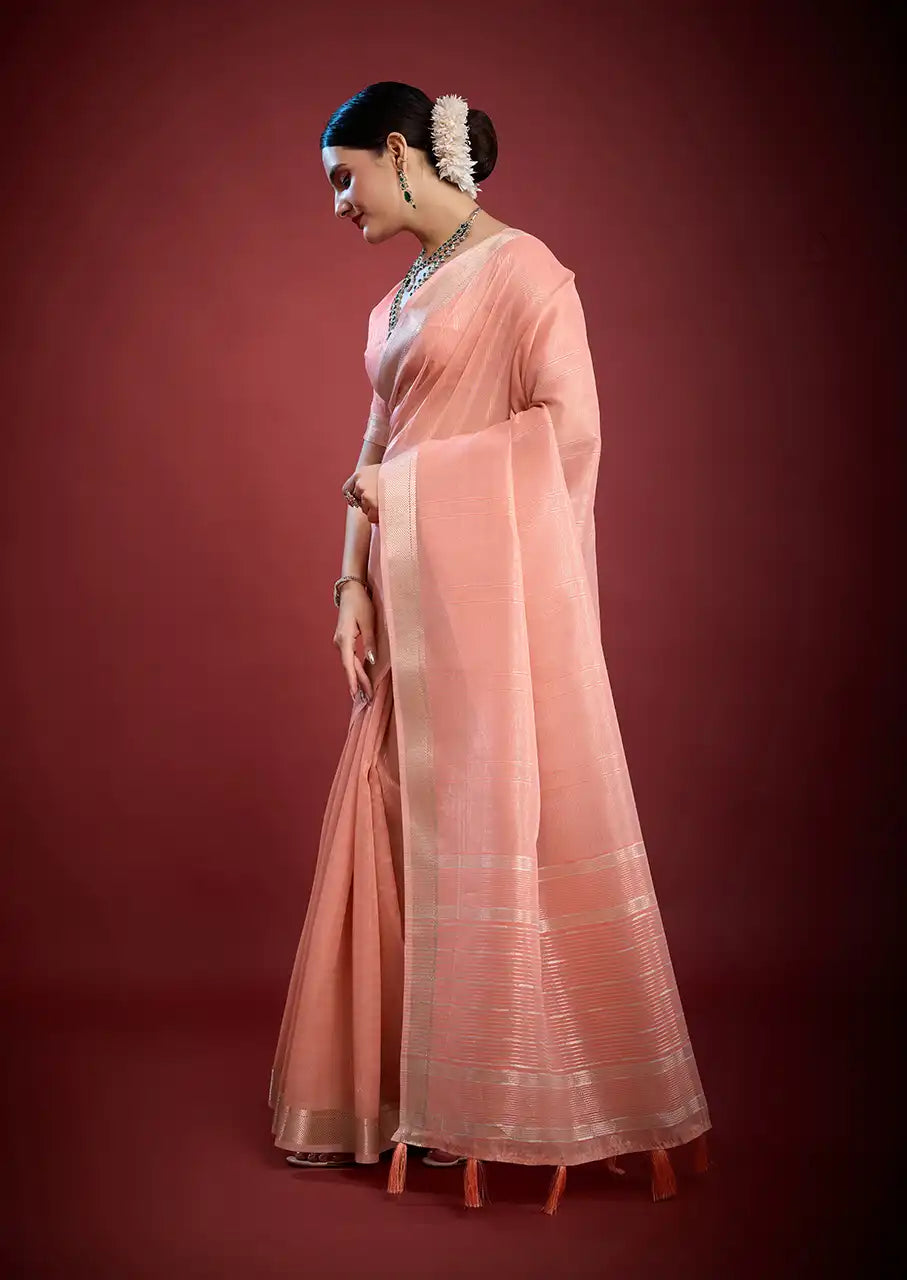 Indo Silk Peach Pink Sarees Crafted With A Blend Of Linen And Silk Offer A Unique Combination Of Texture And Elegance
