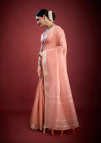 Indo Silk Peach Pink Sarees Crafted With A Blend Of Linen And Silk Offer A Unique Combination Of Texture And Elegance