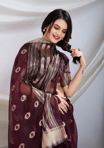 Indo Silk Deep Maroon Sarees Crafted With A Blend Of Linen And Cotton Offer A Unique Combination Of Texture And Elegance