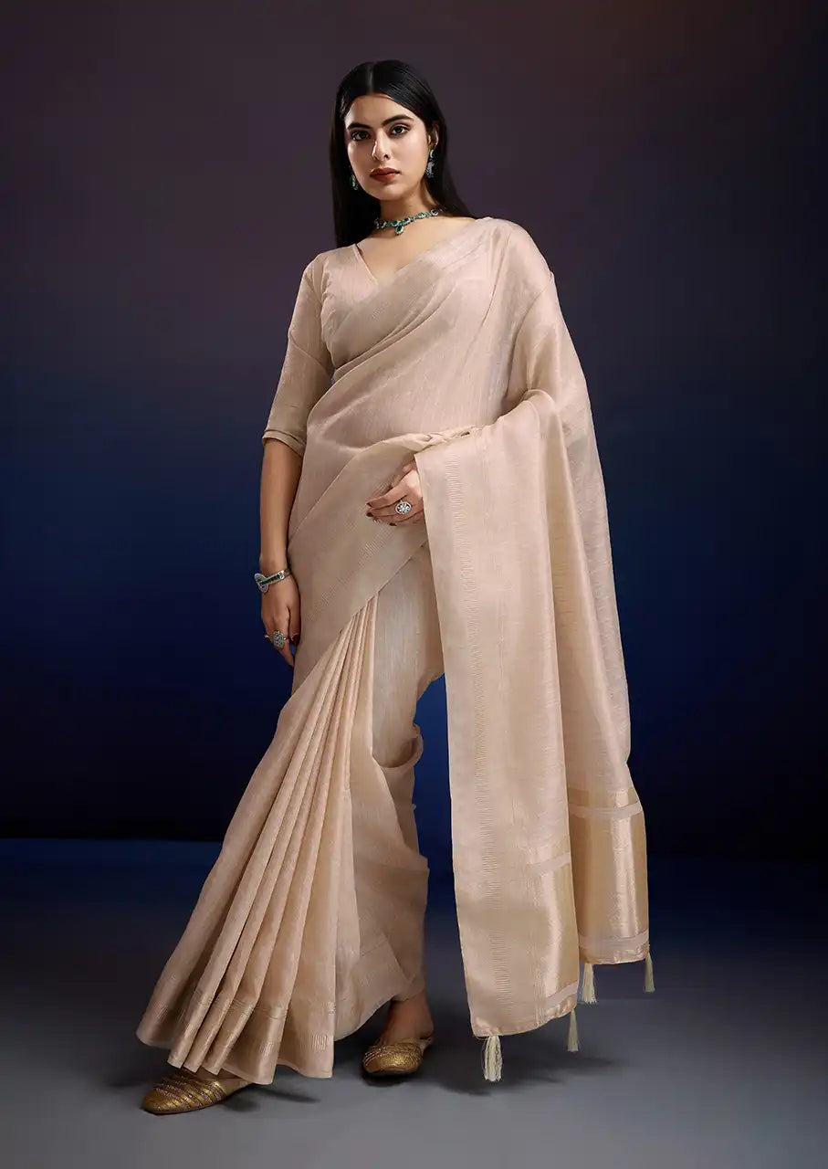 Indo Silk Ivory Sarees Crafted With A Blend Of Linen And Cotton Offer A Unique Combination Of Texture And Elegance