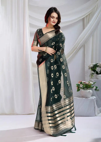 Indo Silk Deep Green Sarees Crafted With A Blend Of Linen And Cotton Offer A Unique Combination Of Texture And Elegance
