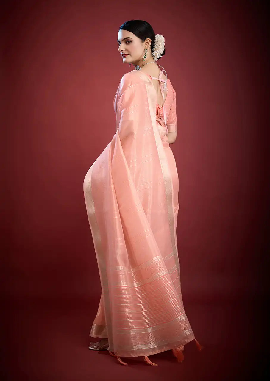 Indo Silk Peach Pink Sarees Crafted With A Blend Of Linen And Silk Offer A Unique Combination Of Texture And Elegance
