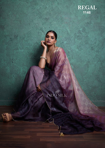Regal 1146 Lavender Purple Fendy Satin Chex Saree – Elegant Designer Indo Silk Saree for Women