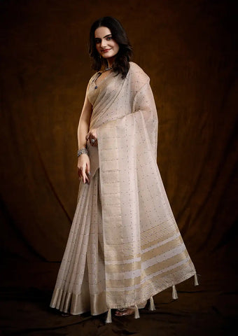 Indo Silk Cream White Sarees Crafted With A Blend Of Linen And Silk Offer A Unique Combination Of Texture And Elegance