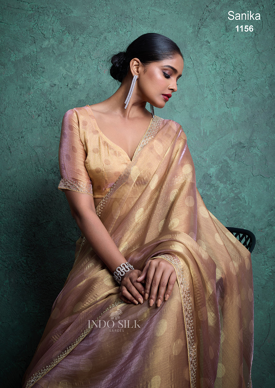 Sanika Premium Golden Silk Saree with Polka Design & Zarkan Border