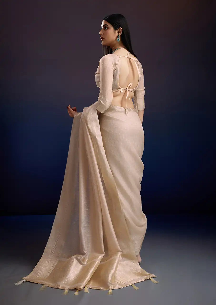 Indo Silk Ivory Sarees Crafted With A Blend Of Linen And Cotton Offer A Unique Combination Of Texture And Elegance