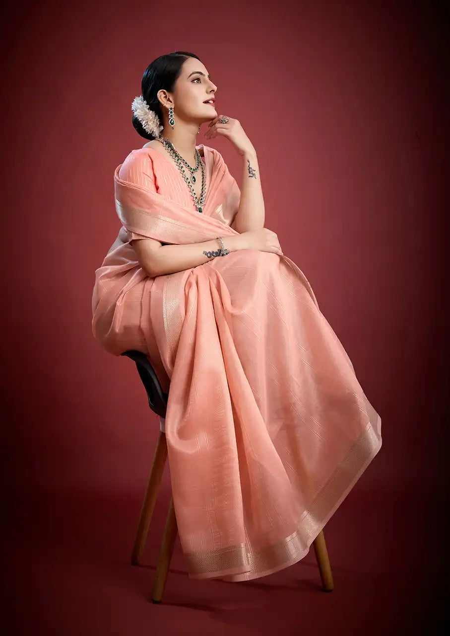 Indo Silk Peach Pink Sarees Crafted With A Blend Of Linen And Silk Offer A Unique Combination Of Texture And Elegance