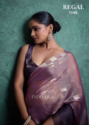 Regal 1146 Lavender Purple Fendy Satin Chex Saree – Elegant Designer Indo Silk Saree for Women