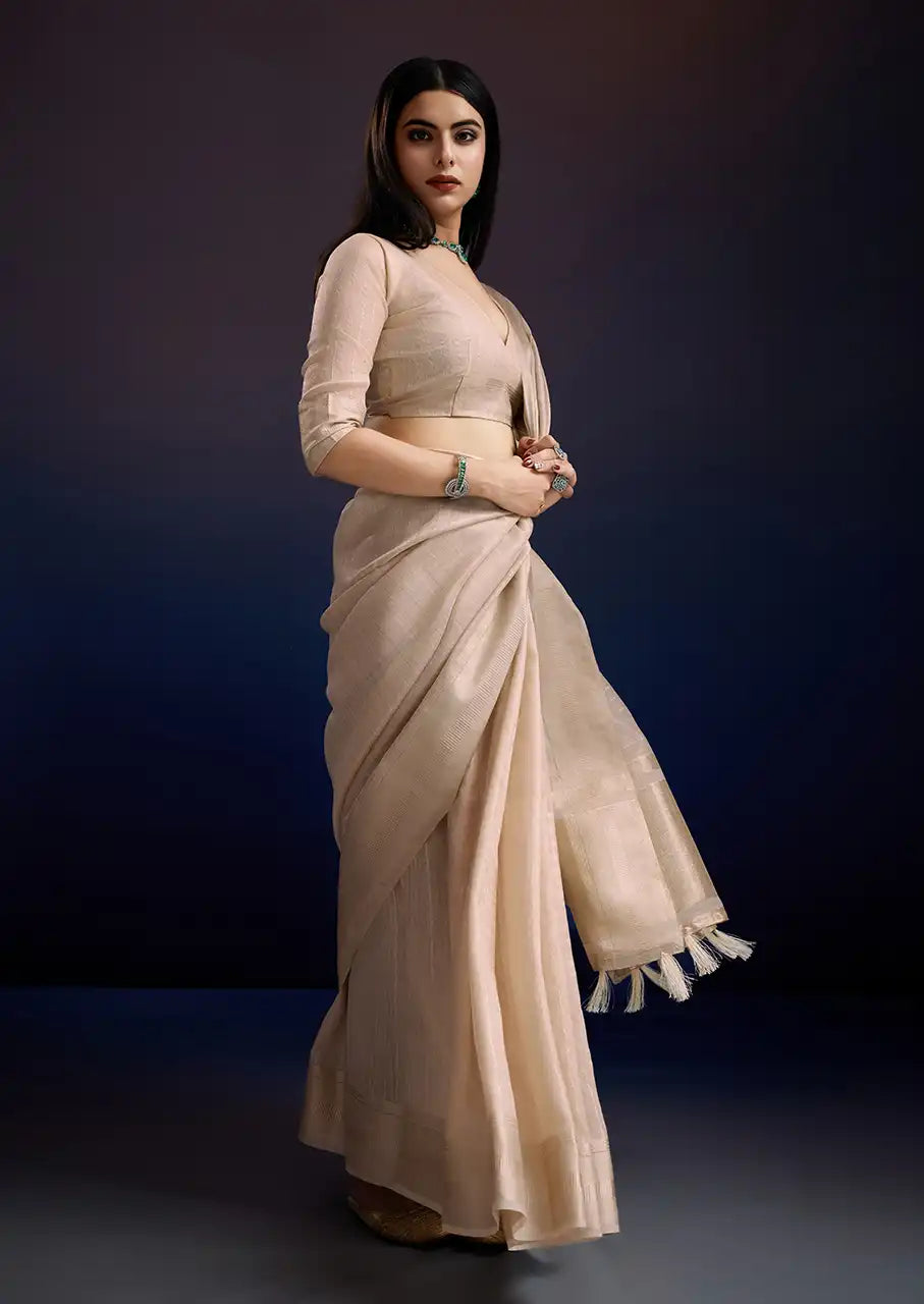 Indo Silk Ivory Sarees Crafted With A Blend Of Linen And Cotton Offer A Unique Combination Of Texture And Elegance
