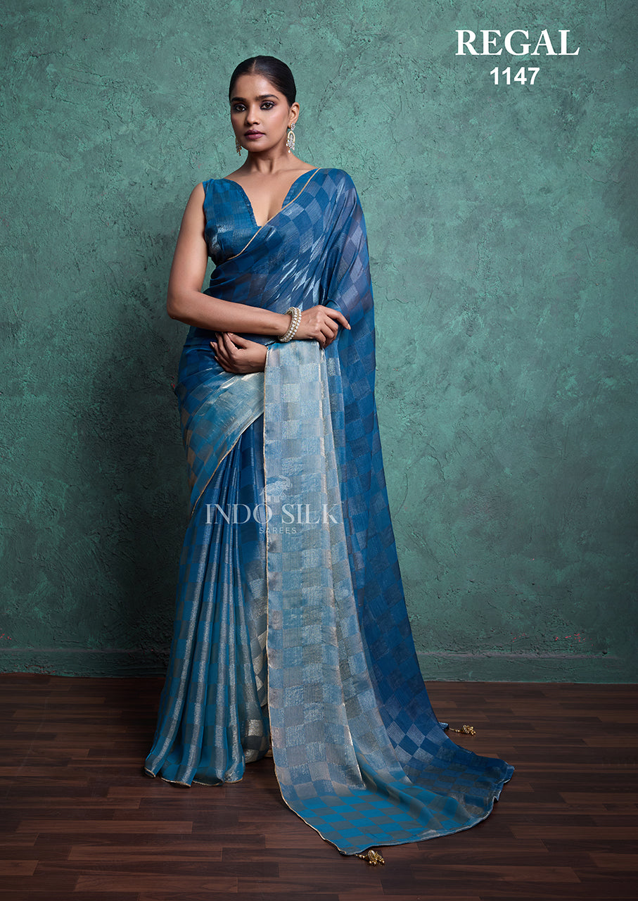 Regal 1147 Blue Fendy Satin Chex Saree – Elegant Designer Indo Silk Saree for Women