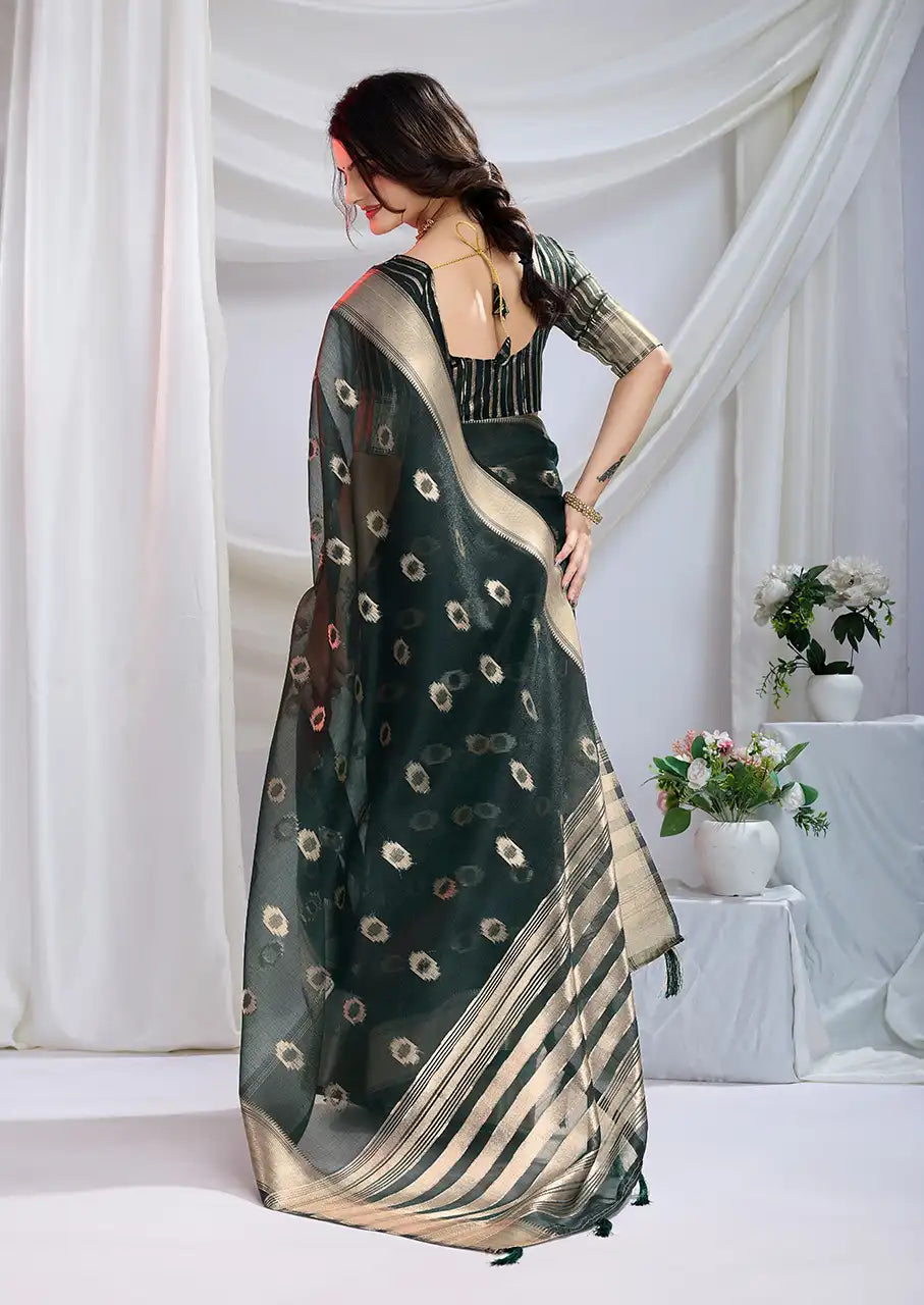 Indo Silk Deep Green Sarees Crafted With A Blend Of Linen And Cotton Offer A Unique Combination Of Texture And Elegance