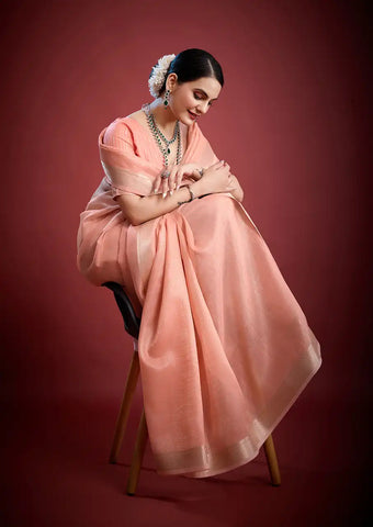 Indo Silk Peach Pink Sarees Crafted With A Blend Of Linen And Silk Offer A Unique Combination Of Texture And Elegance