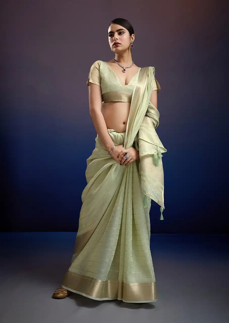 Indo Silk Mint Green Sarees Crafted With A Blend Of Linen And Silk Offer A Unique Combination Of Texture And Elegance