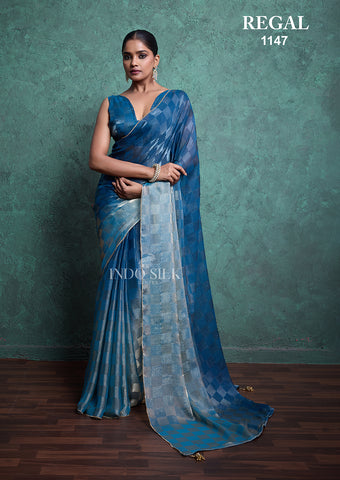 Regal 1147 Blue Fendy Satin Chex Saree – Elegant Designer Indo Silk Saree for Women