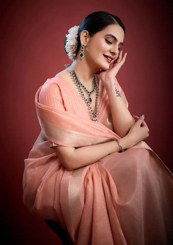 Indo Silk Peach Pink Sarees Crafted With A Blend Of Linen And Silk Offer A Unique Combination Of Texture And Elegance