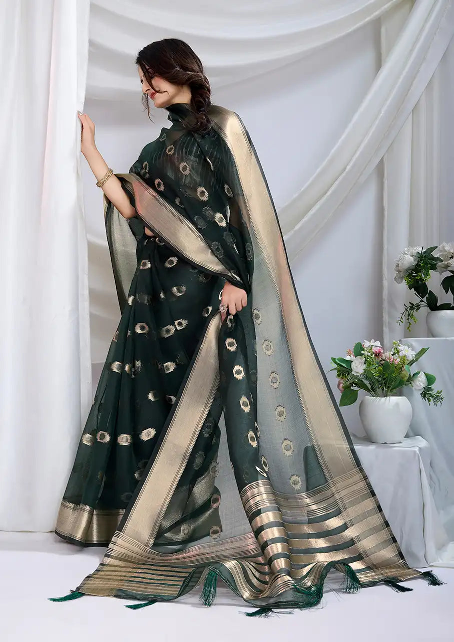 Indo Silk Deep Green Sarees Crafted With A Blend Of Linen And Cotton Offer A Unique Combination Of Texture And Elegance