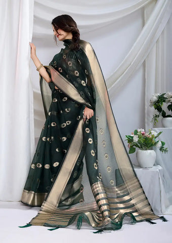 Indo Silk Deep Green Sarees Crafted With A Blend Of Linen And Cotton Offer A Unique Combination Of Texture And Elegance