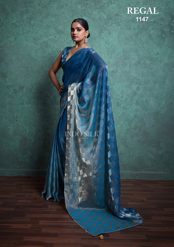 Regal 1147 Blue Fendy Satin Chex Saree – Elegant Designer Indo Silk Saree for Women