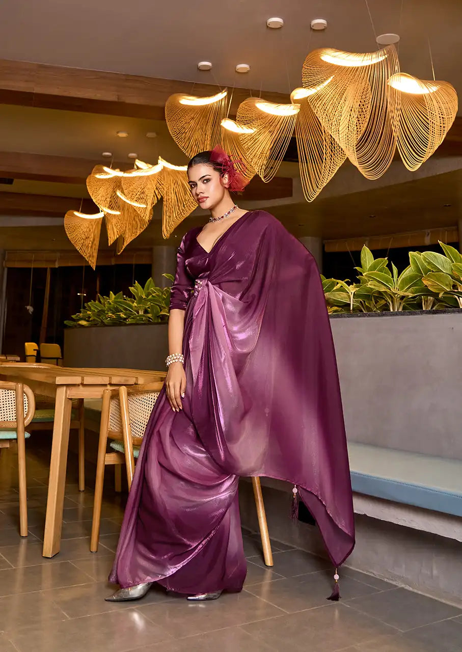 Indo Silk Deep Purple Sarees Crafted With Fendy Satin Blend Traditional Elegance And Modern Luxury