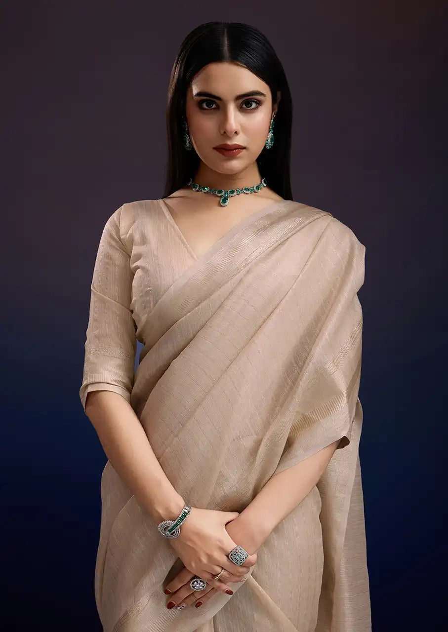 Indo Silk Ivory Sarees Crafted With A Blend Of Linen And Cotton Offer A Unique Combination Of Texture And Elegance