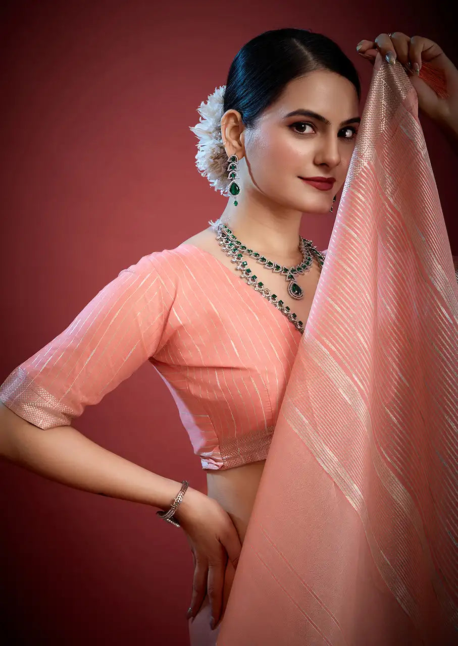 Indo Silk Peach Pink Sarees Crafted With A Blend Of Linen And Silk Offer A Unique Combination Of Texture And Elegance
