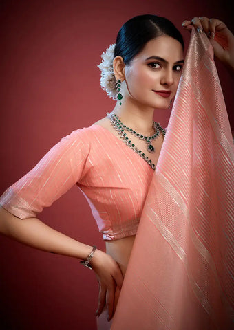 Indo Silk Peach Pink Sarees Crafted With A Blend Of Linen And Silk Offer A Unique Combination Of Texture And Elegance