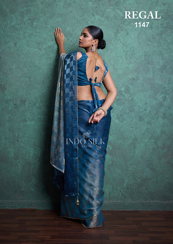 Regal 1147 Blue Fendy Satin Chex Saree – Elegant Designer Indo Silk Saree for Women