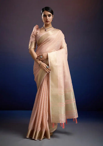 Indo Silk Peach Pink Sarees Crafted With A Blend Of Linen And Silk Offer A Unique Combination Of Texture And Elegance
