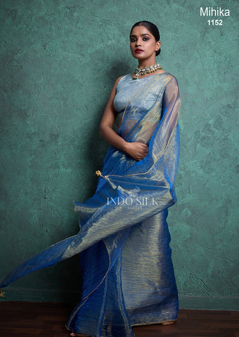 Mihika Blue Gold Silk Saree – Designer Wedding & Party Wear