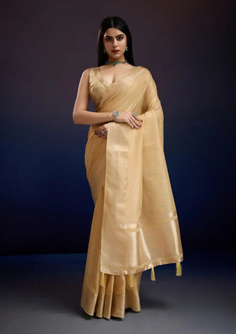 Indo Silk Golden Beige Sarees Crafted With A Blend Of Linen And Cotton Offer A Unique Combination Of Texture And Elegance