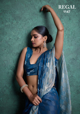 Regal 1147 Blue Fendy Satin Chex Saree – Elegant Designer Indo Silk Saree for Women