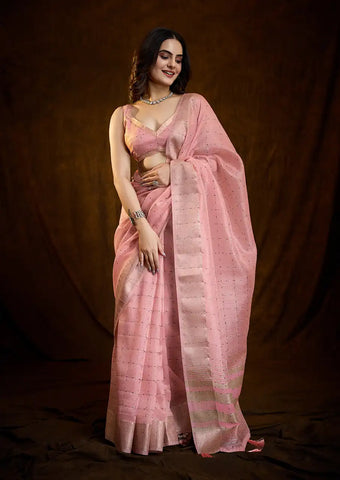 Indo Silk Blush Pink Sarees Crafted With A Blend Of Linen And Silk Offer A Unique Combination Of Texture And Elegance