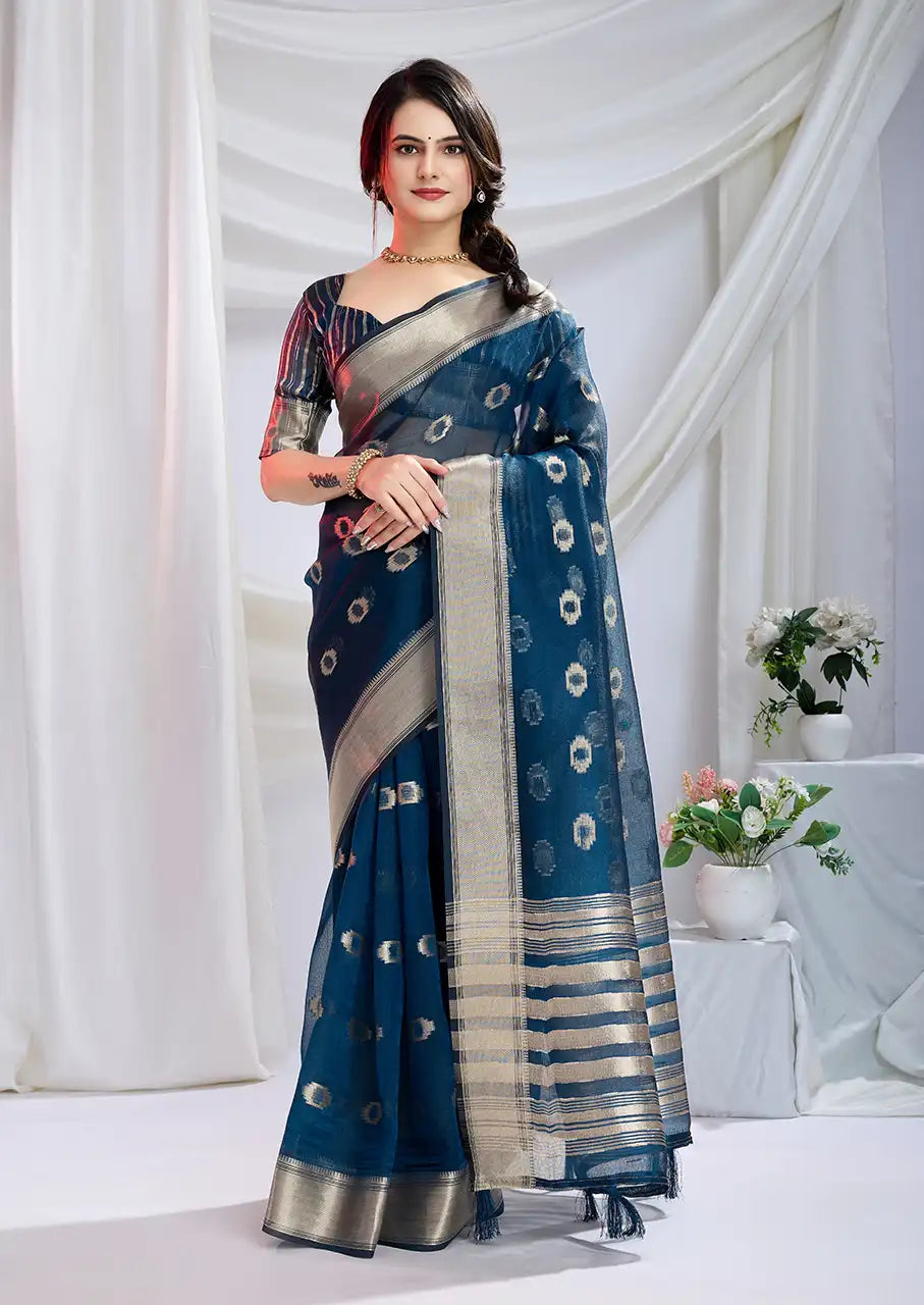 Indo Silk Teal Blue Sarees Crafted With A Blend Of Linen And Cotton Offer A Unique Combination Of Texture And Elegance