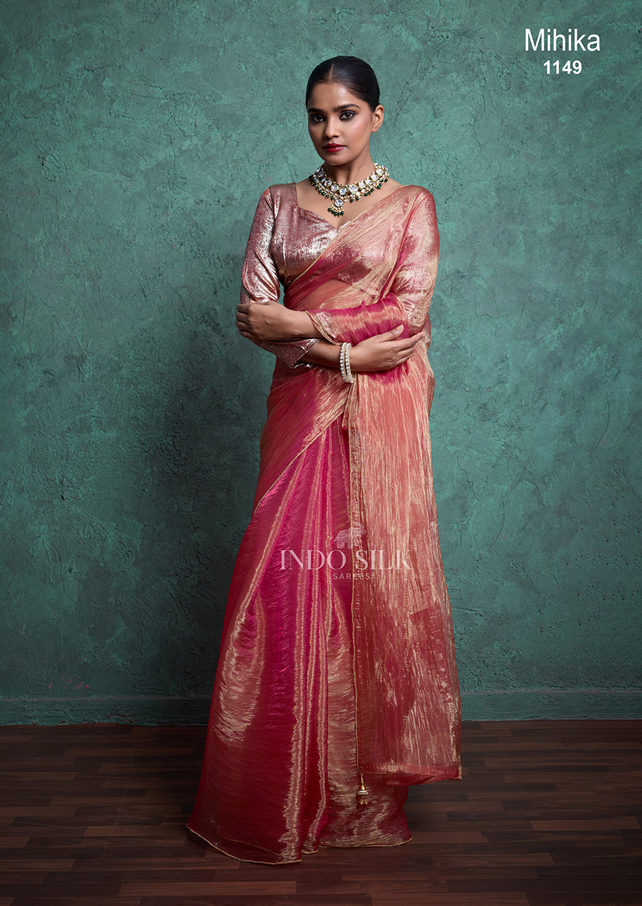 Mihika Rose Gold Pink Silk Saree – Designer Party & Wedding Wear