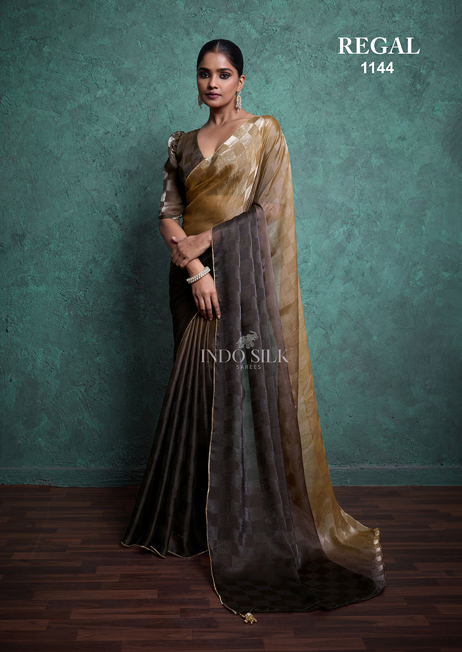 Regal 1144 Golden Brown Fendy Satin Chex Saree – Elegant Designer Indo Silk Saree for Women