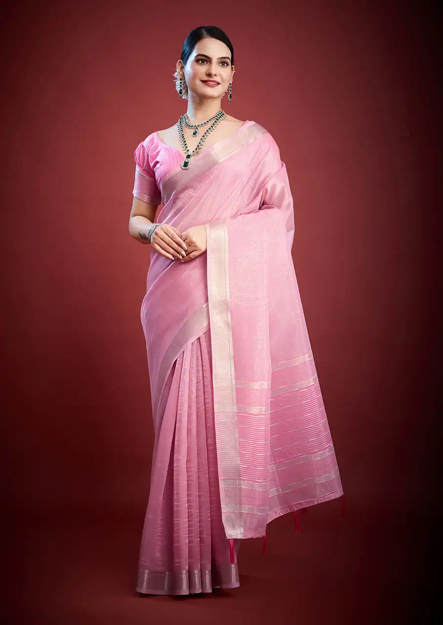 Indo Silk Pink Sarees Crafted With A Blend Of Linen And Silk Offer A Unique Combination Of Texture And Elegance