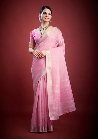 Indo Silk Pink Sarees Crafted With A Blend Of Linen And Silk Offer A Unique Combination Of Texture And Elegance